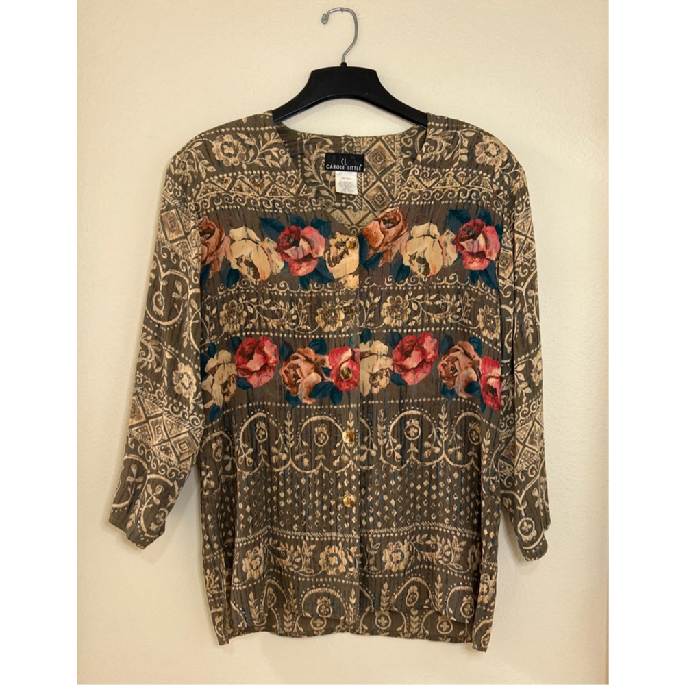 Vintage 90s Carol Little Boho Floral Button Front Tunic Shoulder Pads 3/4 Sleeve